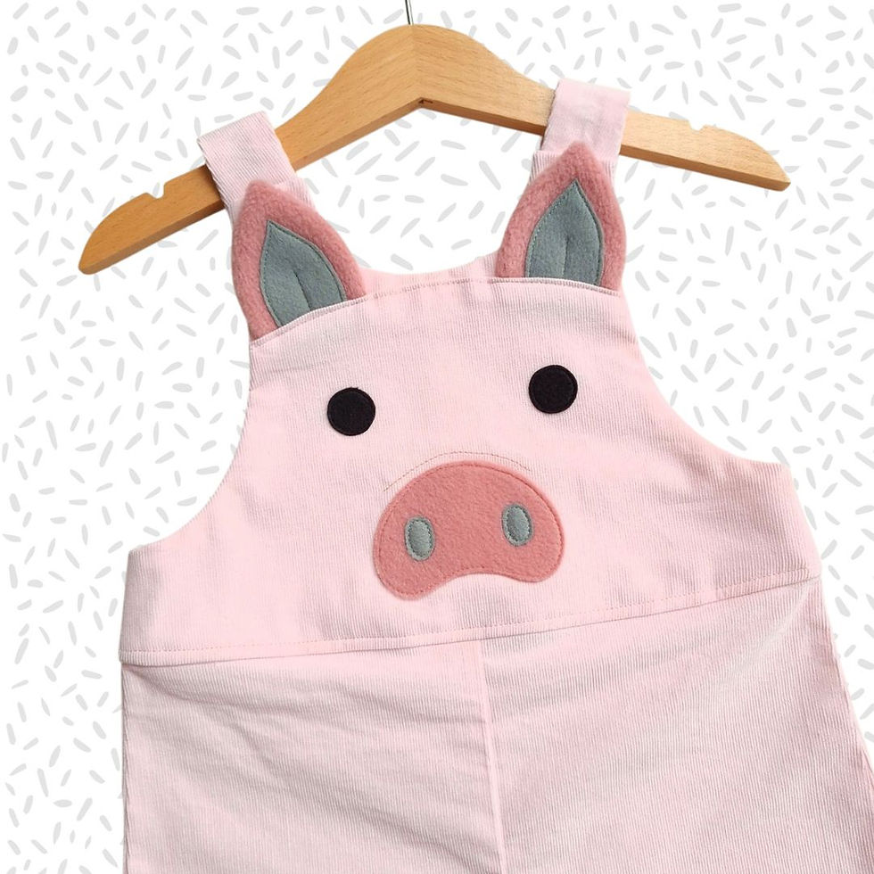 Thumbnail: Children's handmade Little Pig pink needlecord dungarees for ages 0-6 years.
