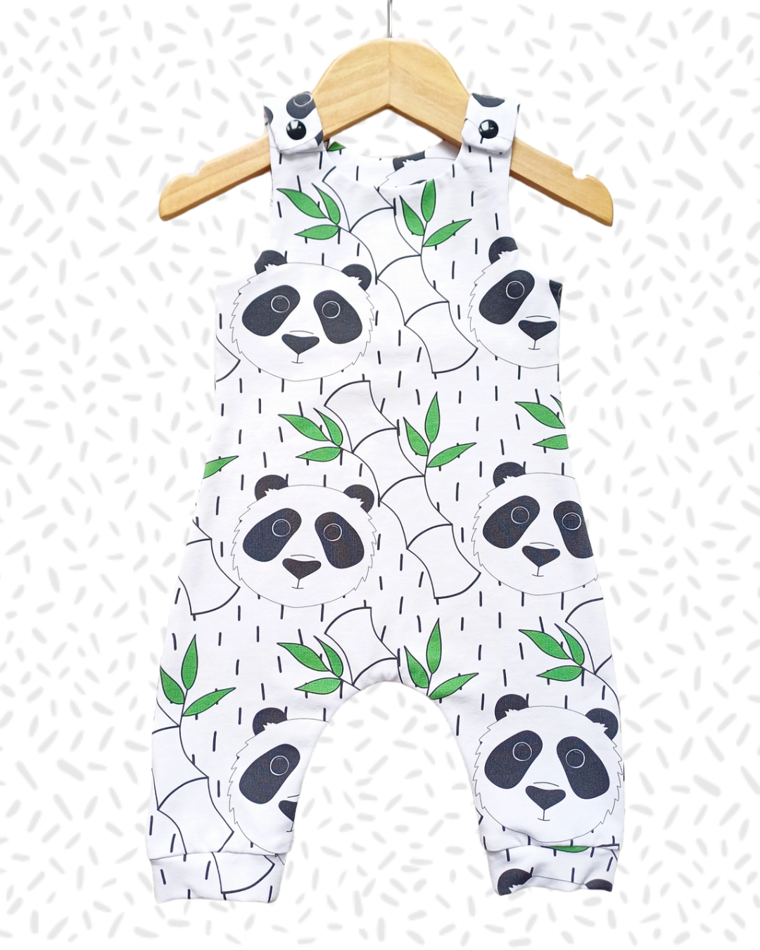 Children's handmade Little Panda print romper for ages 0-5 years.