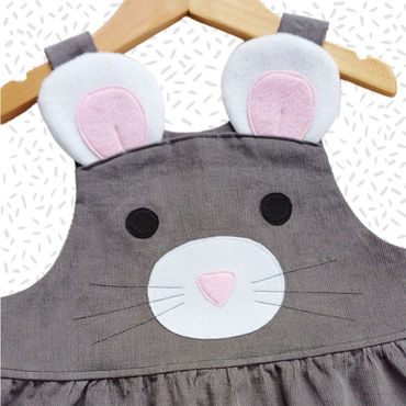 Girl's handmade grey needlecord mouse pinafore dress for ages 0-6 years.