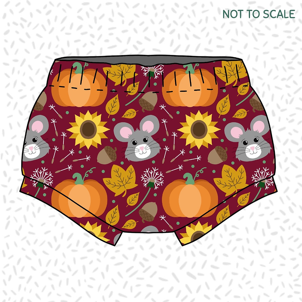 Children's handmade 'Little Autumn Mouse' print organic baby shorts.