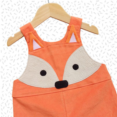Children's handmade orange needlecord fox dungarees for ages 0-6 years.