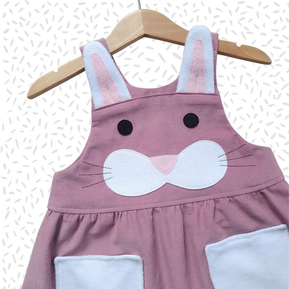 Girl's handmade bunny pinafore dress for ages 0-6 years.
