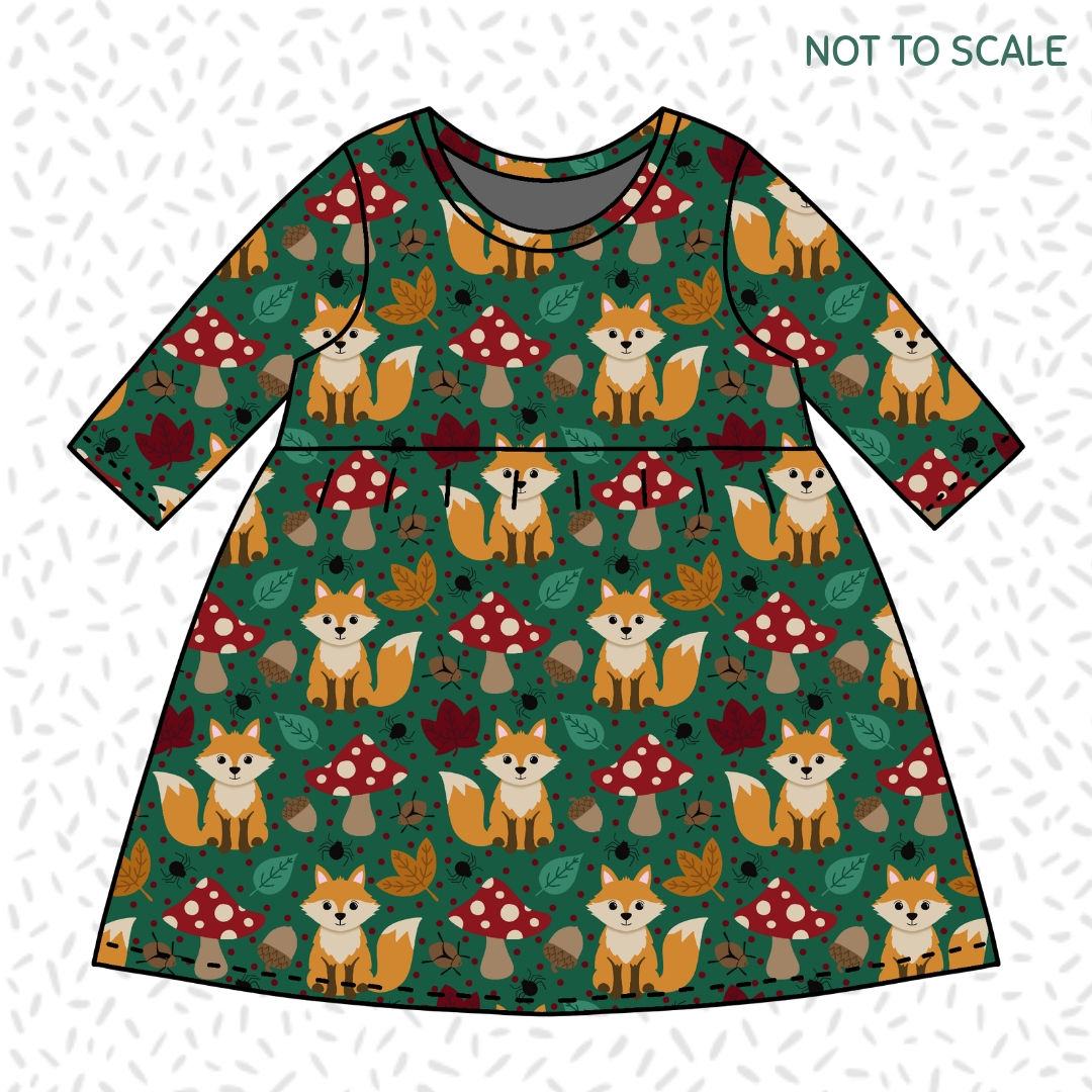 Girl's handmade 'Little Autumn Fox' print organic long sleeve t-shirt dress.