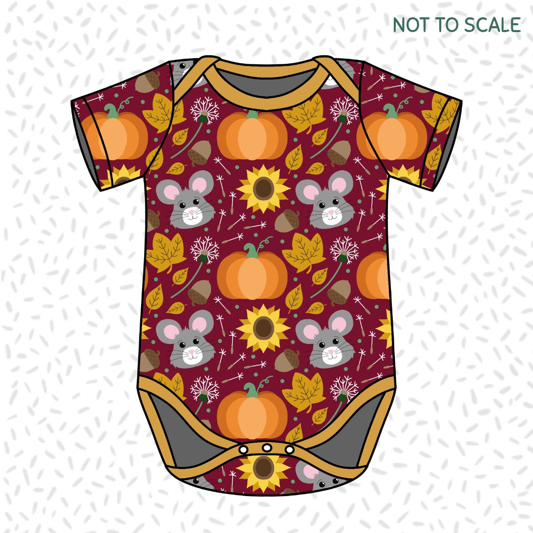 Children's handmade 'Little Autumn Mouse' print organic short sleeve baby bodysuit.