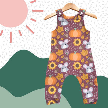 Children's handmade mouse print romper made from organic cotton jersey for ages 0-5 years.