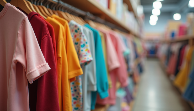 Colourful shirts on hangers line a clothing store aisle, with pink, red, yellow, teal, and patterned tops in soft focus.