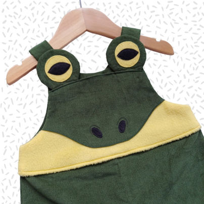 Children's handmade green needlecord frog dungarees for ages 0-6 years.