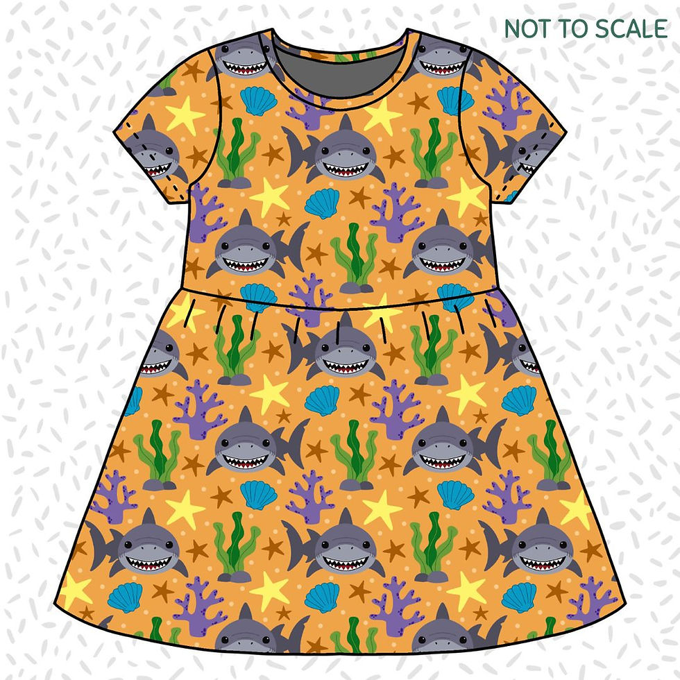 Girl's handmade 'Little Summer Shark' print organic short sleeve t-shirt dress for ages 1-8 years.