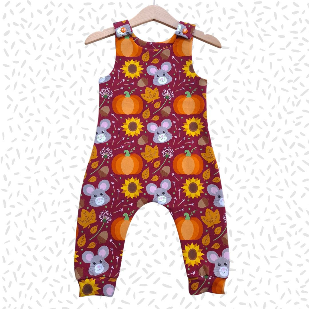 Children's handmade 'Little Autumn Mouse' print organic romper.