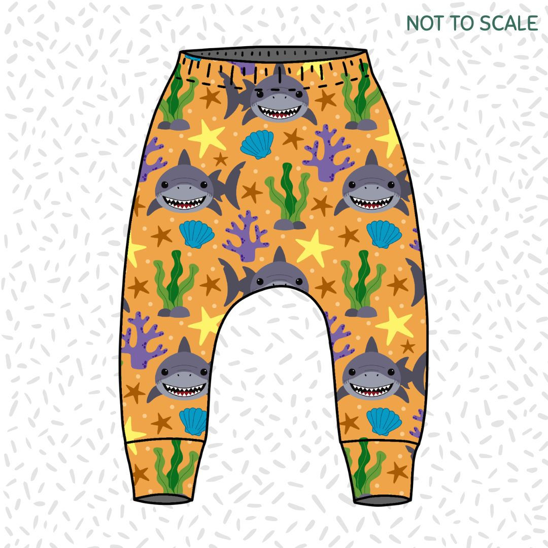 Children's handmade 'Little Summer Shark' print organic baby leggings for ages 0-2 years.