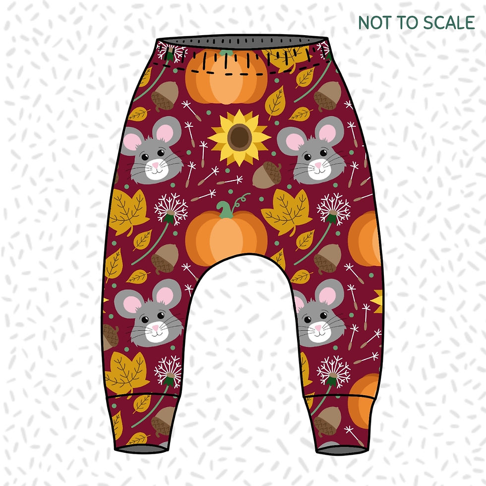 Children's handmade 'Little Autumn Mouse' print organic baby leggings.