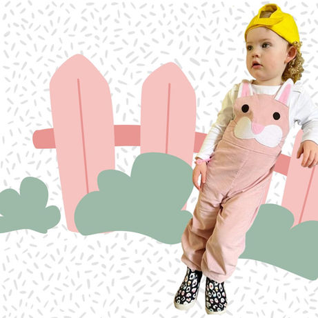 Children's handmade pink needlecord bunny dungarees for ages 0-6 years.
