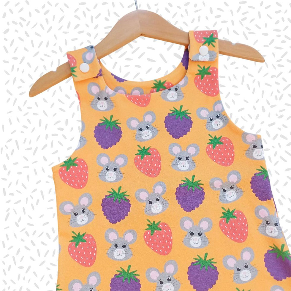 Children's handmade Little Harvest Mouse print romper for ages 0-5 years.