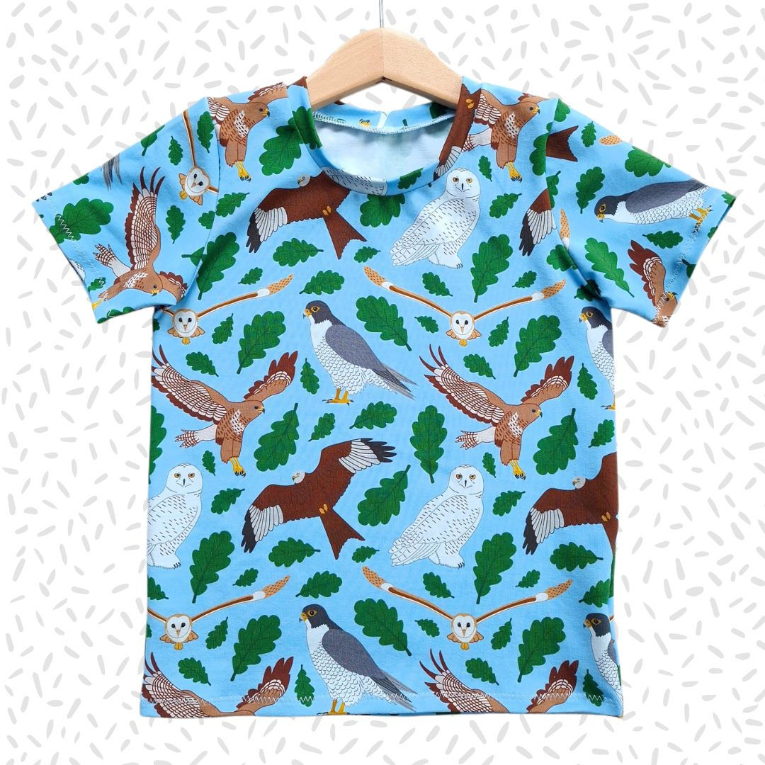 Children's handmade 'Birds of Prey' print crew neck shorts sleeved t-shirt.