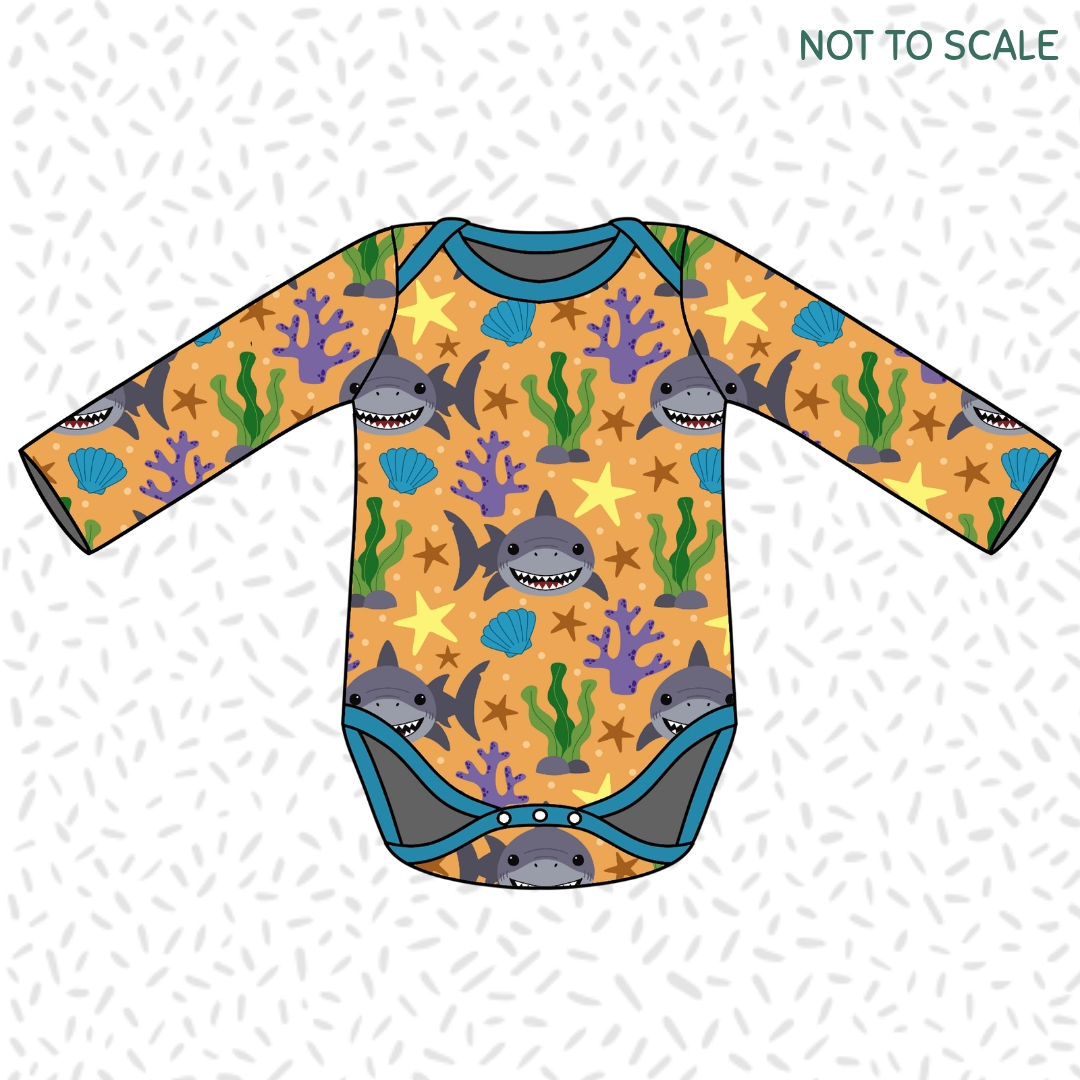 Children's handmade 'Little Summer Shark' print organic long sleeve bodysuit.