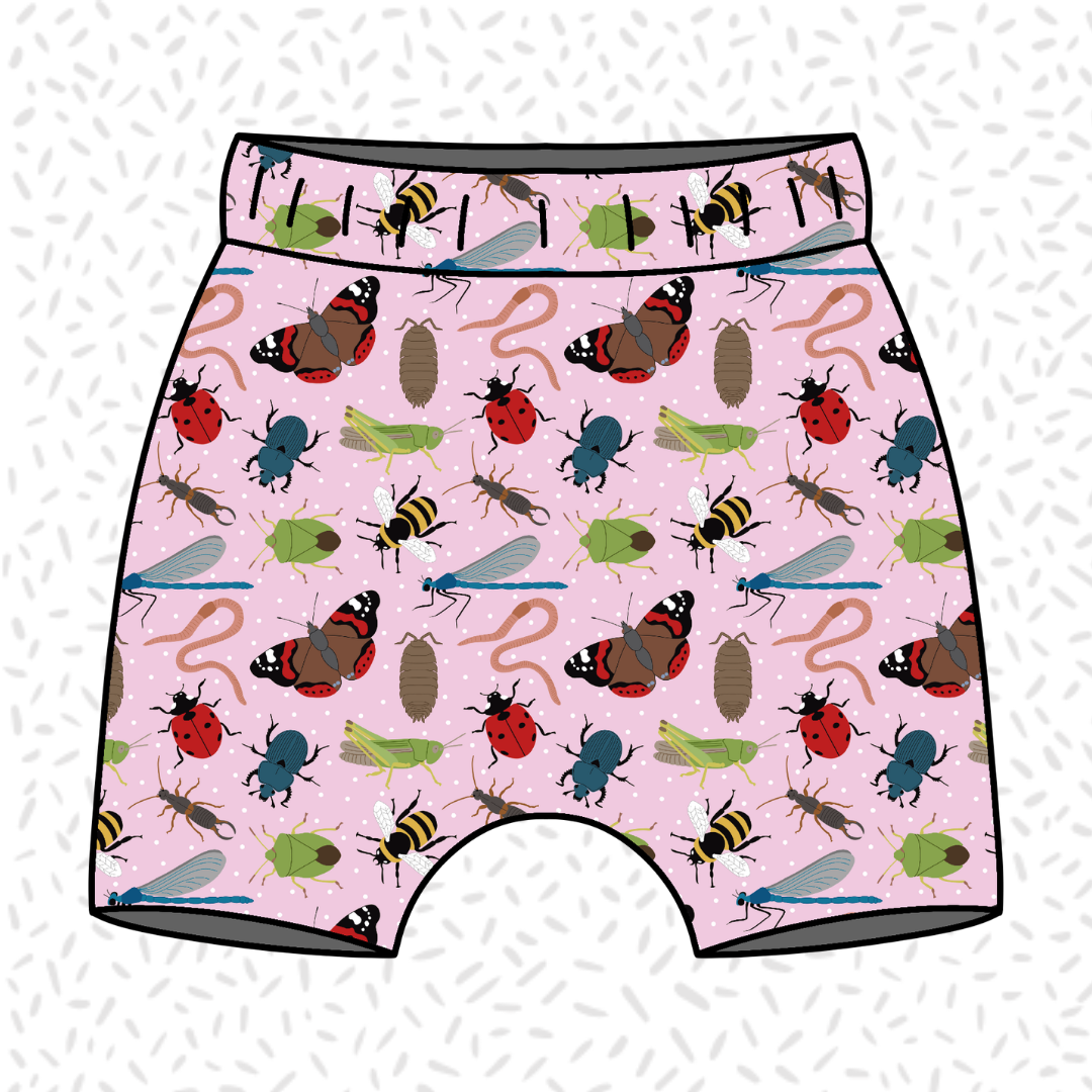 Children's handmade 'Little Summer Insects' print organic harem shorts for ages 0-5 years.