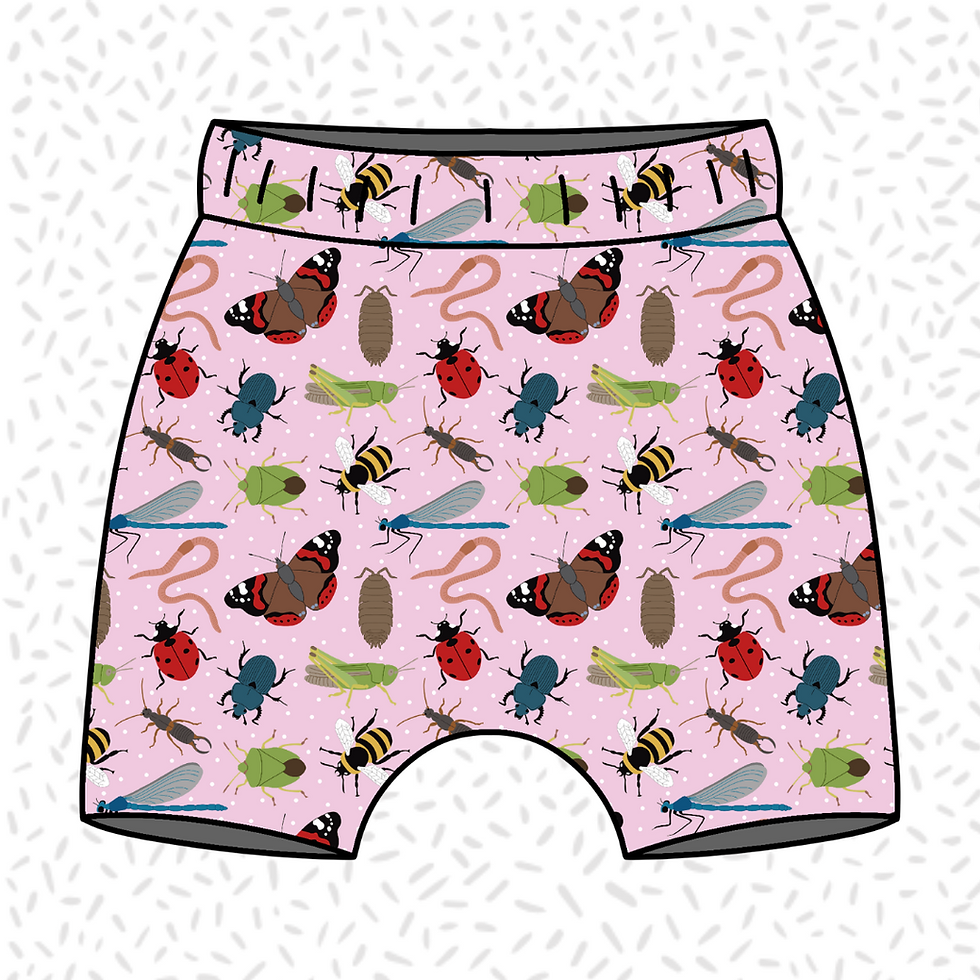 Children's handmade 'Little Summer Insects' print organic harem shorts for ages 0-5 years.