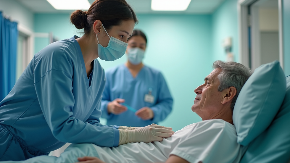 Close-up view of a hospital volunteer assisting a patient