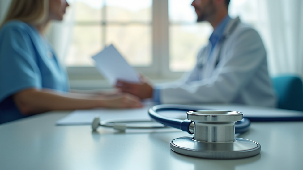 Eye-level view of a healthcare consultation room with a stethoscope on the table