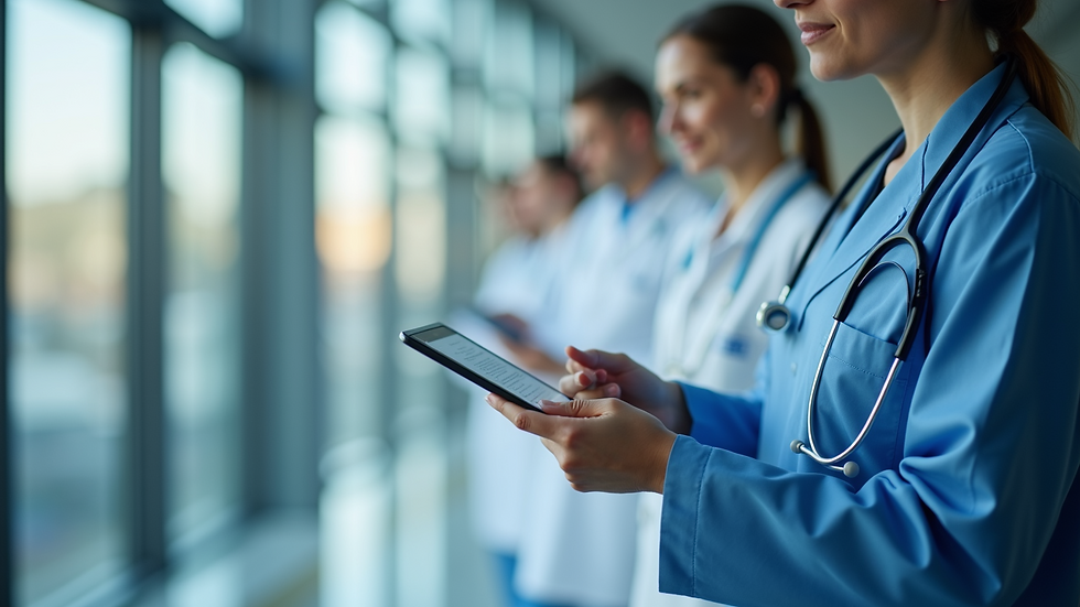 Close-up view of a healthcare professional reading medical information