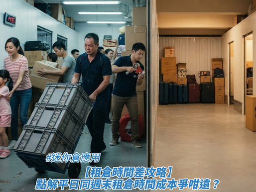 一間明亮的自助迷你倉走廊內,有多位市民正在搬運紙箱及推著載有塑膠儲物箱的手推車,右側走廊可見多個獨立儲物倉房的室內特寫,畫面下方疊加了標題,藉此探討迷你倉應用、【租倉時間差攻略】點解平日同周末租倉時間成本爭咁遠?