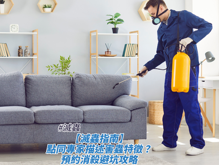 一名身穿藍色工作服並佩戴防毒面罩的專業滅蟲人員,正手持連接黃色噴霧罐的噴槍,對客廳梳化進行消殺與滅蟲處理的室內特寫,背景可見簡約書架與書桌,畫面下方疊加了標題,藉此探討滅蟲服務、【滅蟲指南】點同專家描述害蟲特征?預約消殺避坑攻略。