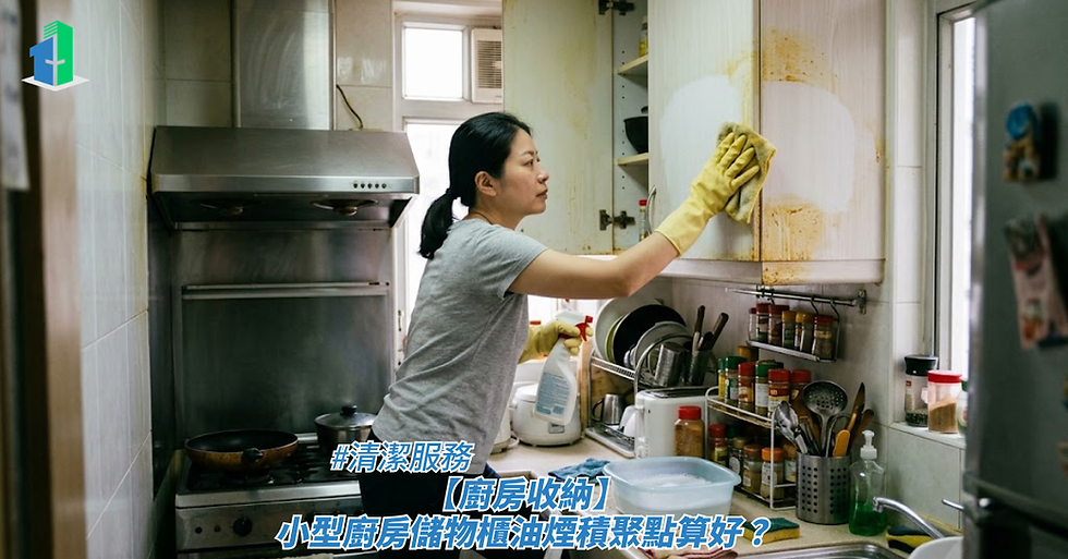 一名戴著黃色膠手套的主婦正手持清潔噴霧與抹布，清理廚房金屬抽油煙機下方佈滿油煙積聚與黃漬的白色儲物吊櫃的室內特寫，檯面上擺放著各式調味瓶罐與洗碗盆，畫面下方疊加了標題，藉此探討清潔服務、【廚房收納】小型廚房儲物櫃油煙積聚點算好？