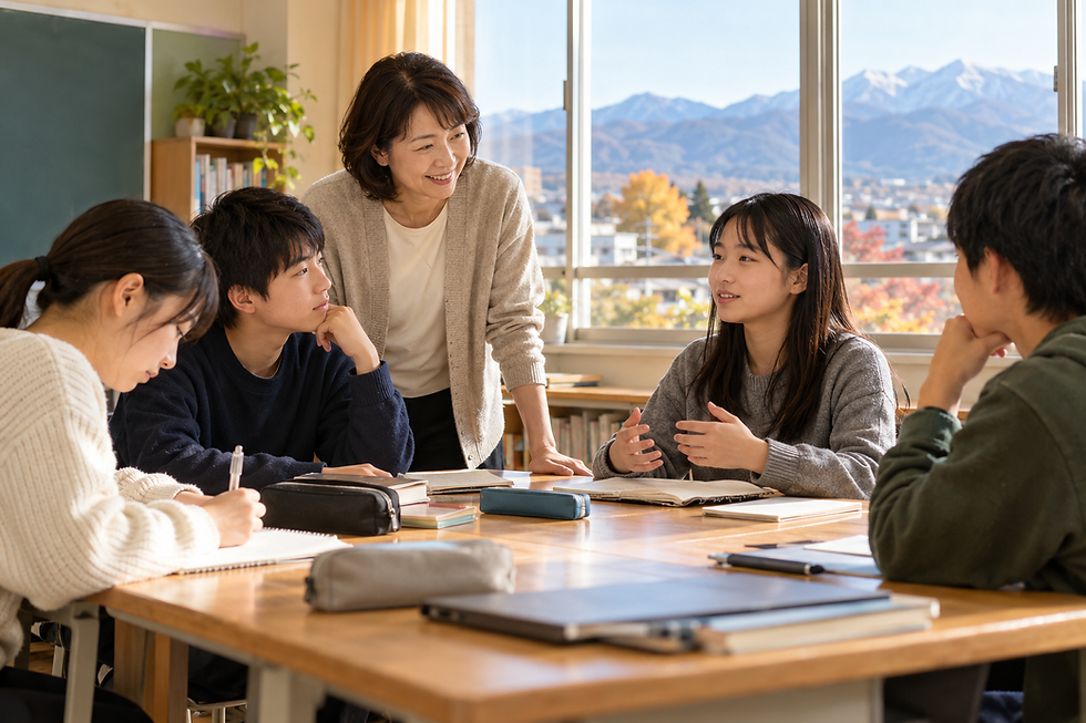 松本市の学習教室で自分の考えを伝え合う中学生と50代女性講師