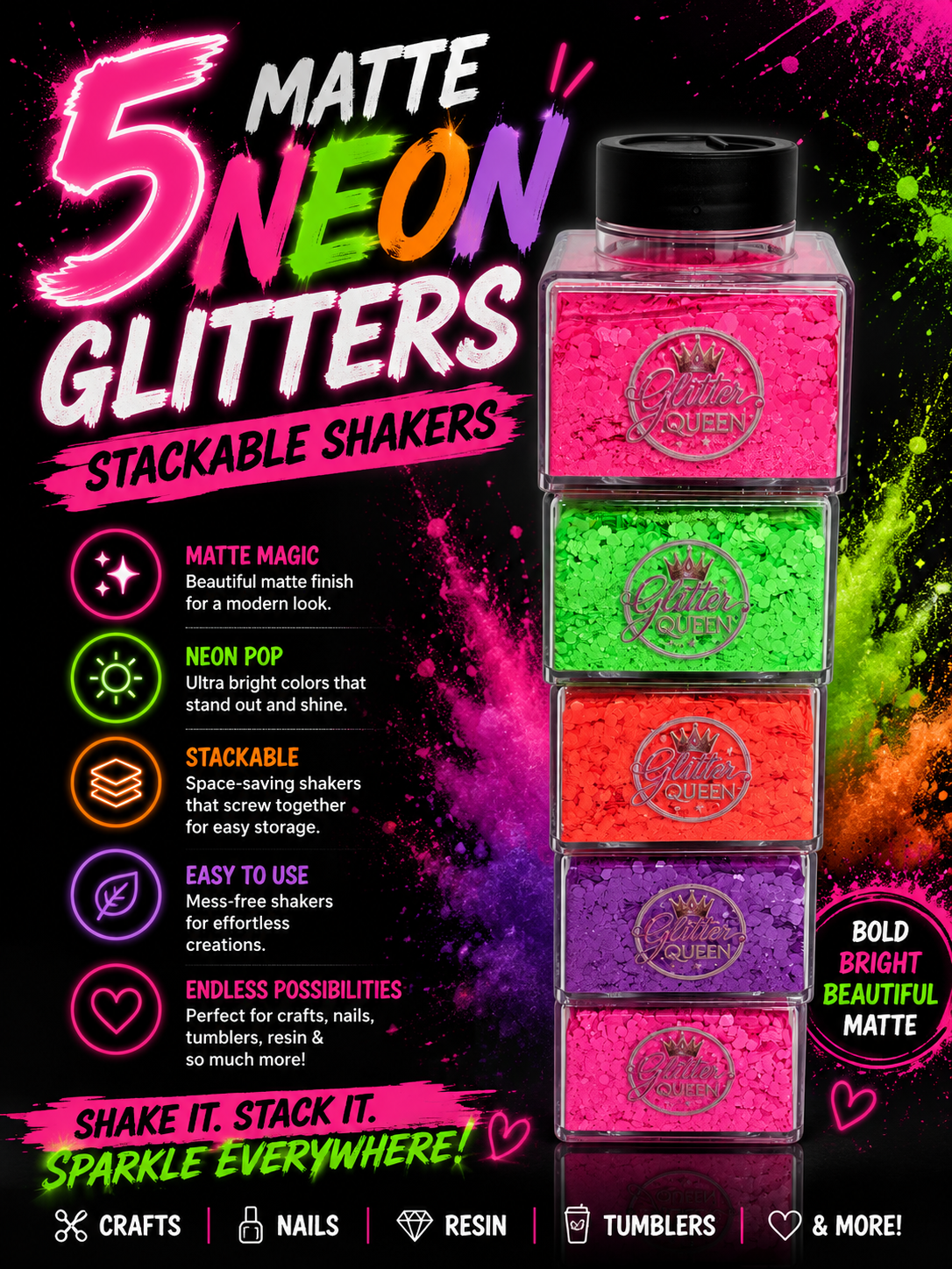 neon (matte) glitter 5 pack in stackable shakers
