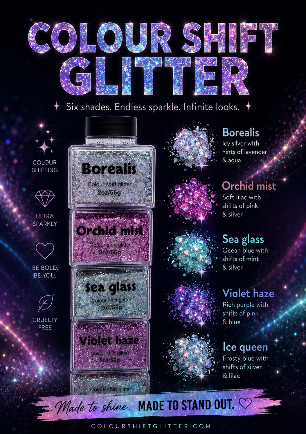 5 colour shift chunky glitter in stackable pots