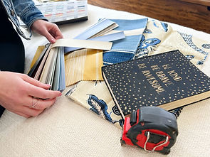 Interior design materials, floor plans, 3D renderings, interior paint colors, luxury upholstery fabrics, etc.