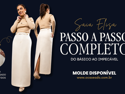 saia reta com braguilha, bolso embutido, fenda e cós reto transpassado