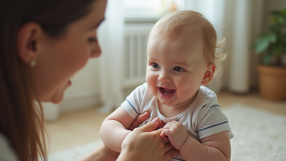 Close-up view of a caregiver gently holding an infant during playtime