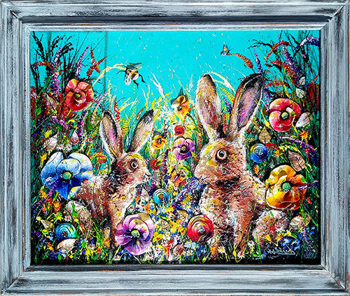 'A Delightful Summer' - Wildflower meadow art with poppies and two wild hares