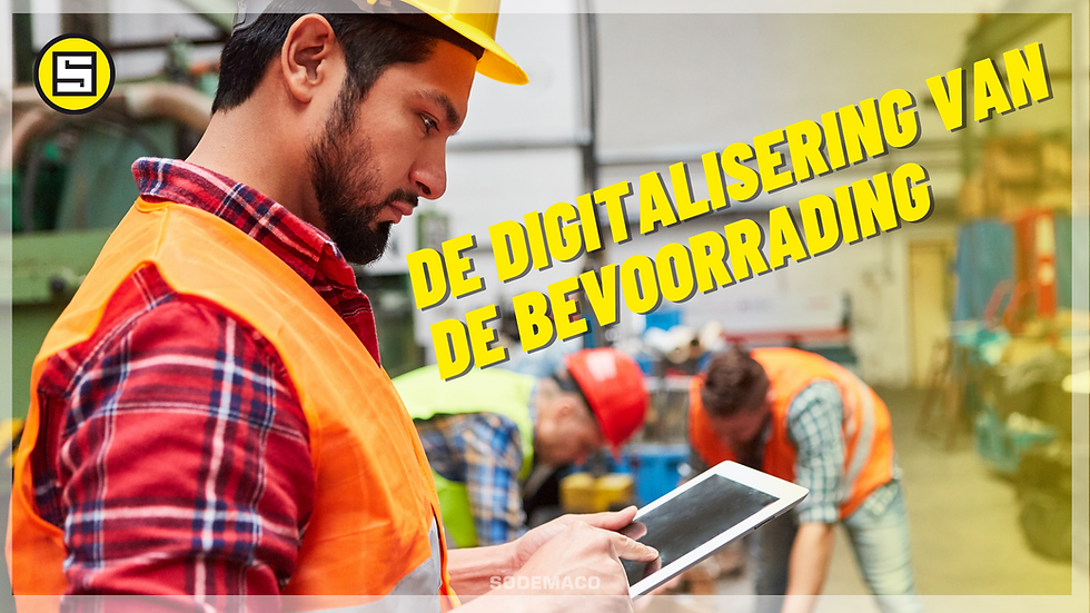digitalisering van de bevoorrading, werknemer die met een tablet op zoek gaat naar voorraad