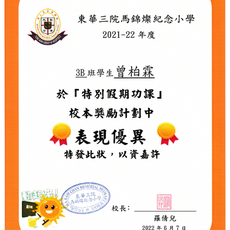 Forest Tsang won the Excellent Performance Award for the Special Holiday Assignment at TWGHs Ma Kam Chan Memorial Primary School in 2022