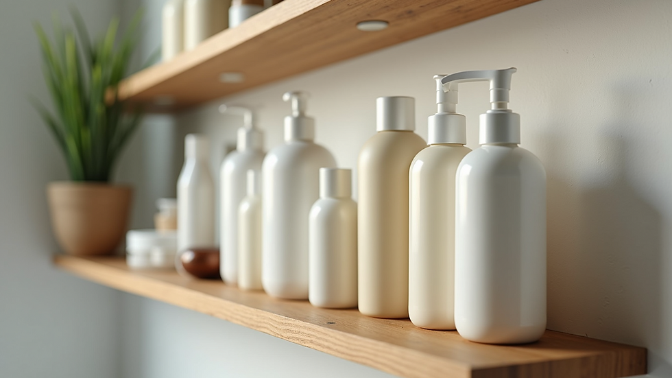 Eye-level view of hair care products arranged on a bathroom shelf