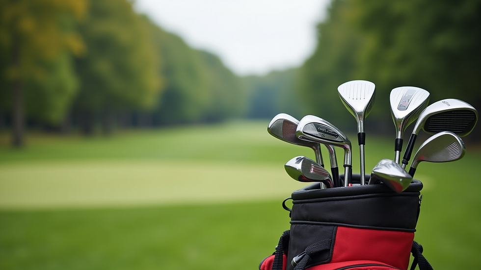 Eye-level view of a golf bag filled with colorful golf clubs