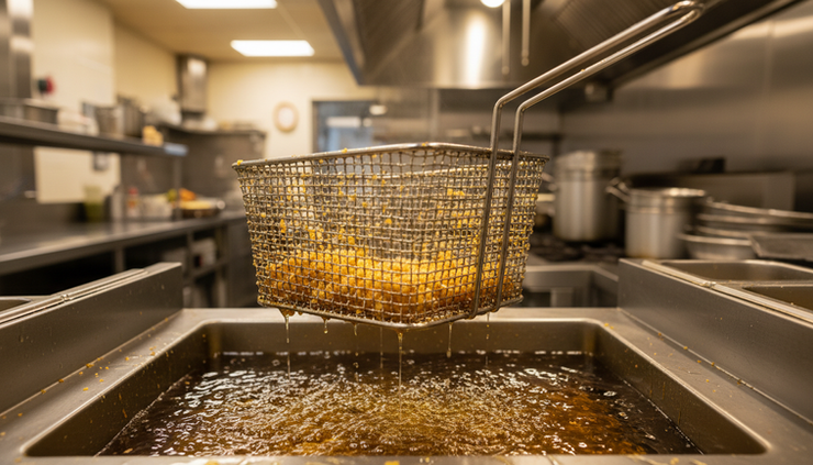 Frittierkorb mit goldenen Pommes über heißem Öl in einer Edelstahlküche