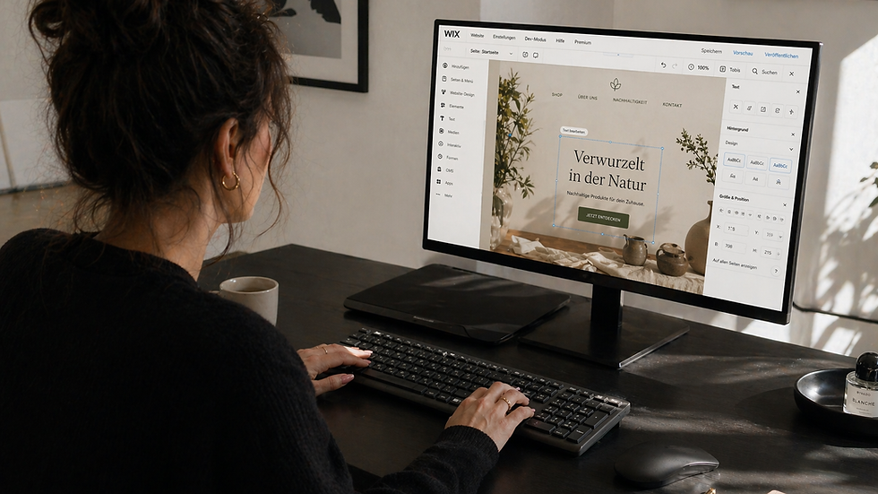 Frau arbeitet an einer Wix Website am Desktop-PC und bearbeitet Layout und Inhalte im Website-Editor