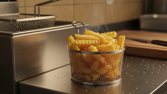 Pommes und Chicken Nuggets in einem Frittierkorb in einer Restaurantküche.