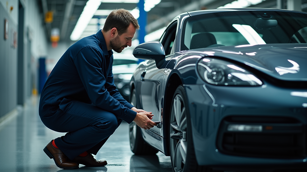 High angle view of a car being inspected by a professional