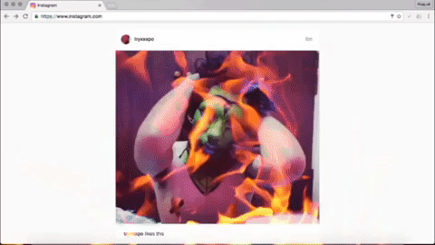 Rolagem de tela no instagram, aparecendo as fotos com likes com coração no meio da tela e imagem de fogo em movimento