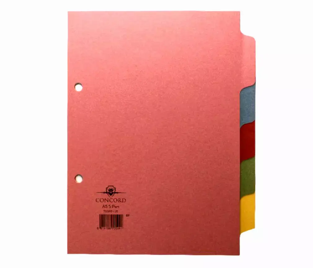 Concord A5 5 Part Index File Subject Dividers Coloured Ring Binder Folder NEW