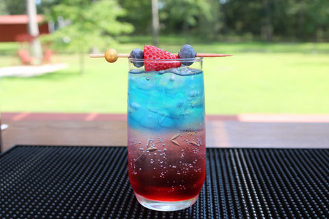 Patriotic red, white, and blue layered cocktail garnished with fresh berries, served by Sunshine Sips Mobile Bar.