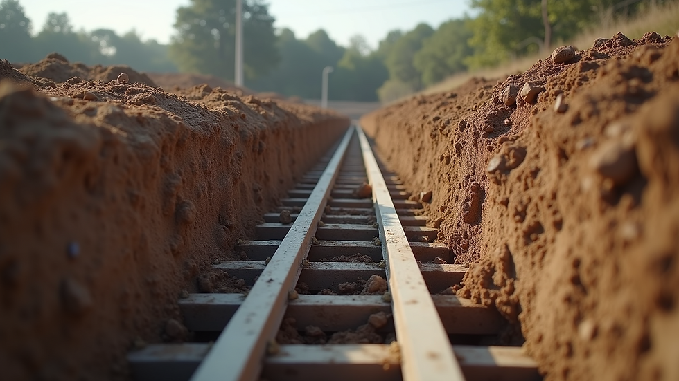 Close-up view of shoring equipment supporting trench walls