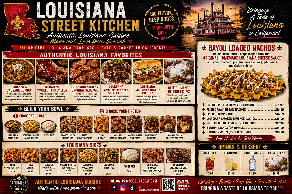 Louisiana Street Kitchen menu flyer with full categories and pricing information
