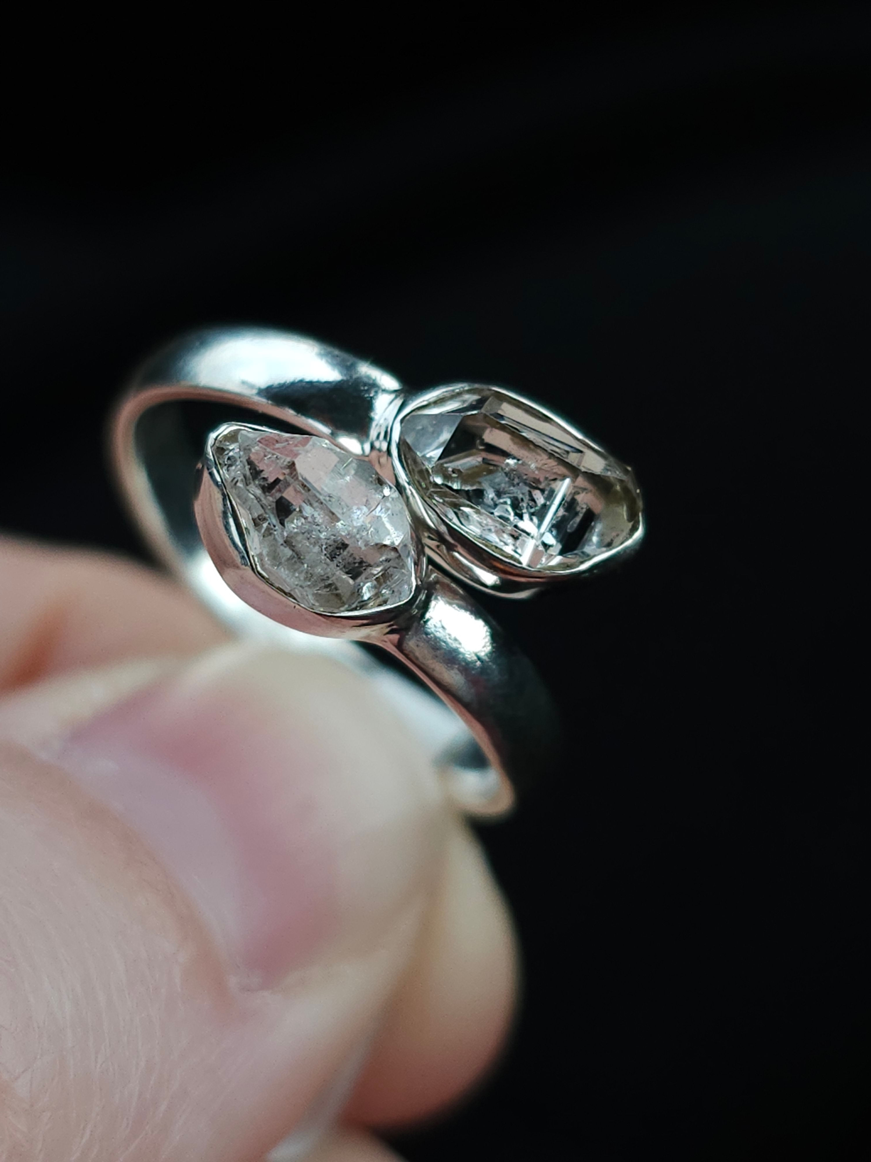 Raw Unpolished Genuine Herkimer Diamond Quartz .925 Sterling Silver Adj. Ring