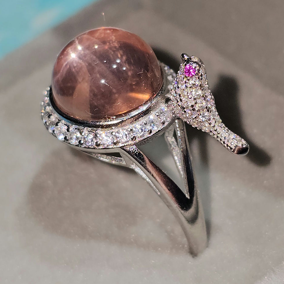 Thumbnail: .925 Sterling Silver Multi Star Rose Quartz Bird Bath with Ruby Eyes Adjustable
