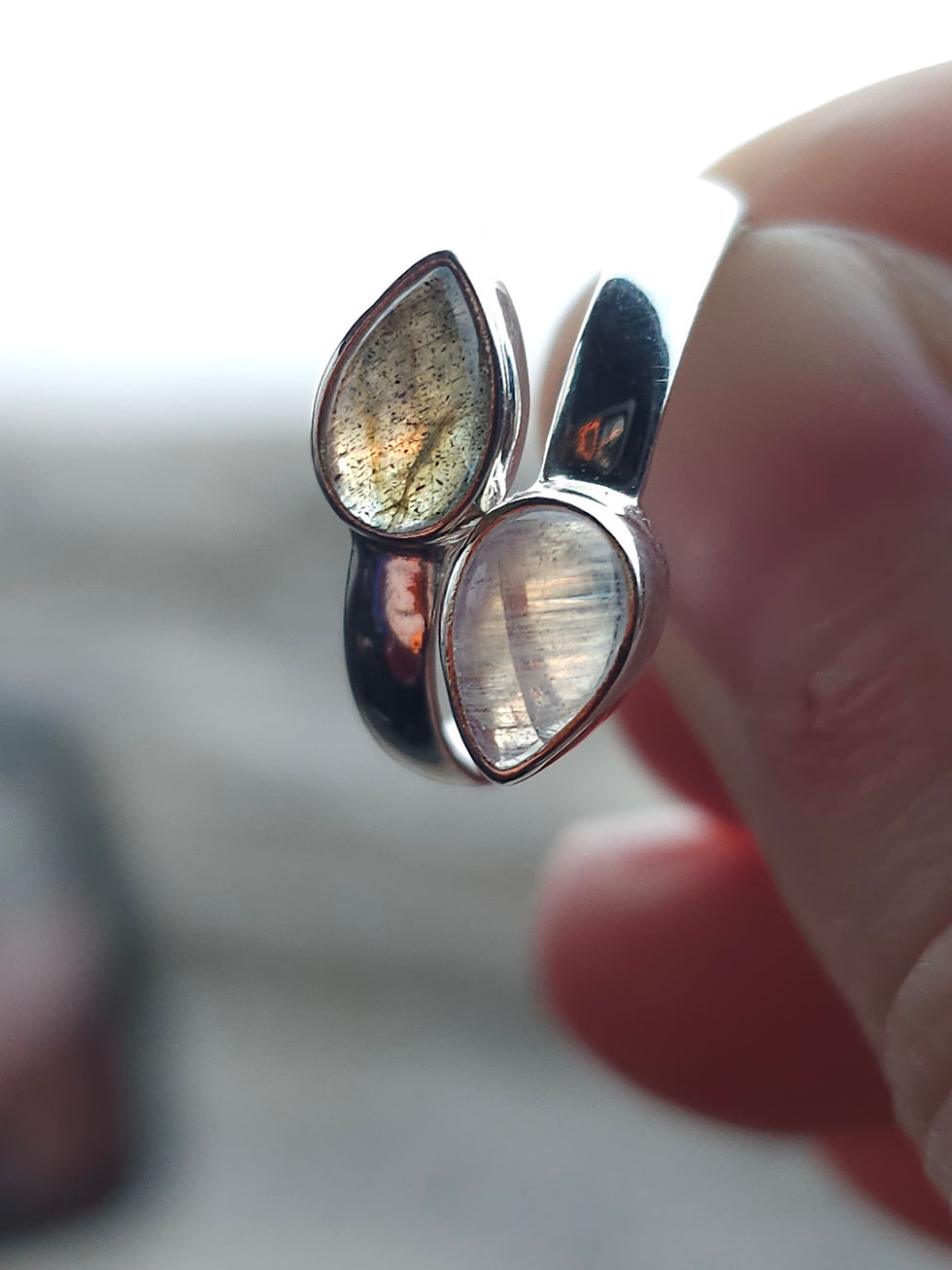 Thumbnail: .925 Solid Sterling Silver Inlaid HQ Labradorite and Moonstone Adjustable Ring